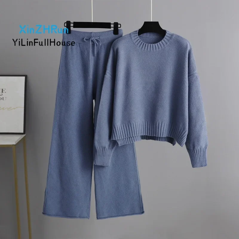 Autumn Winter Fashionable Casual Round Neck Split Long Sleeve Knitted Top Elastic Waist Strap Loose Wide Leg Pants Two Piece Set