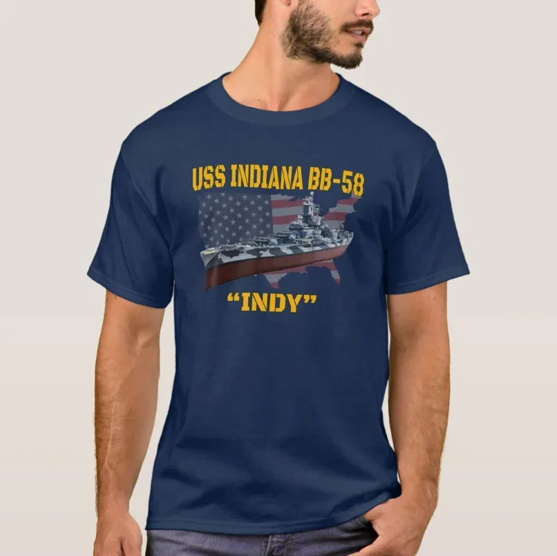 Size S-5XL WW2 American Warship USS Indiana BB-58 Battleship 100% Cotton candy O-Neck Summer Short Sleeve Casual Mens T-shirt