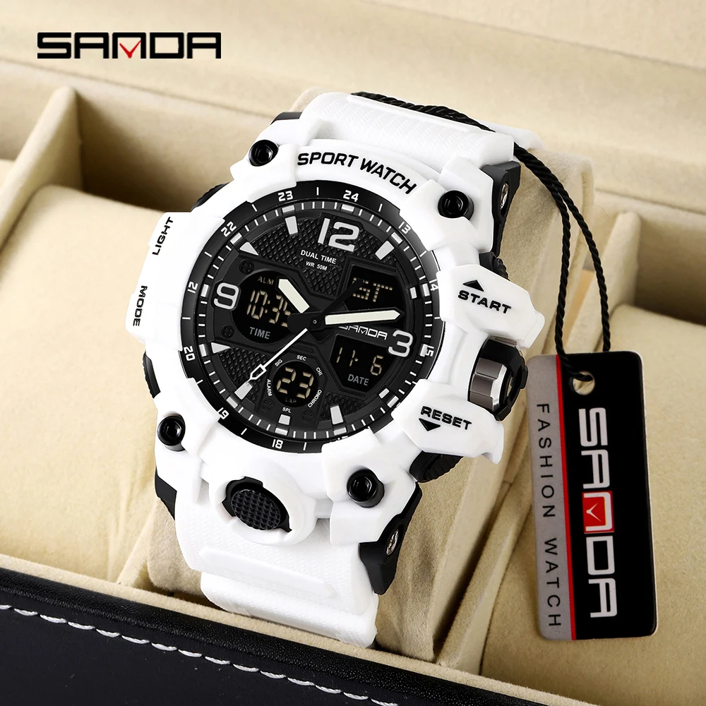 SANDA Men Military Watches White Sport Style Watch LED Digital 50M Waterproof Watch Male Clock Relogio Masculino