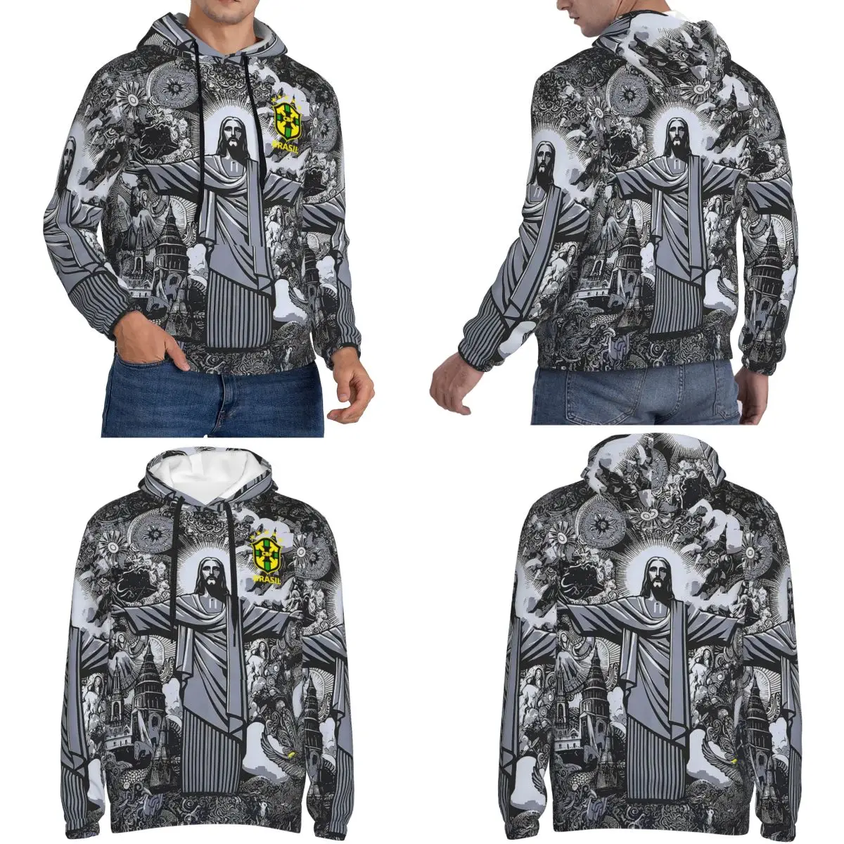 Men Brazil Special Edition Jesus Black Grey Football Jersey Hoodie Brazil Redeemer Jesus Soccer Sweatshirts Long Sleeve Shirts