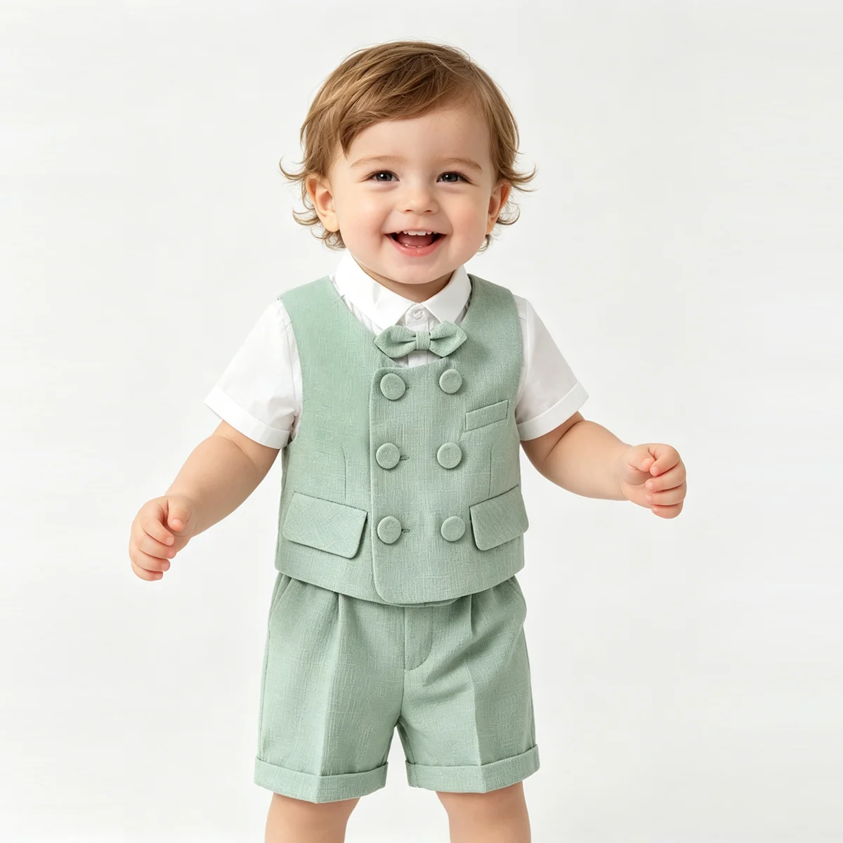Toddler Baby Boy Gentleman Suit 5Pcs Light Green Outfit Set White Shirt Vest Shorts Bow Tie Beret Hat Kids Party Formal Costume