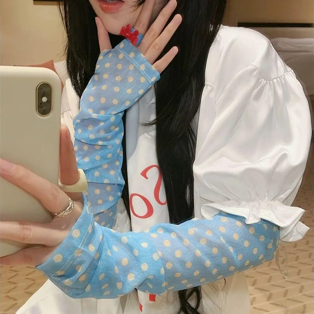 Cute Polka Dot Sunscreen Sleeves Breathable Loose UV Protection Sleeves Mesh Comfortable Outdoor Arm Covers Driving