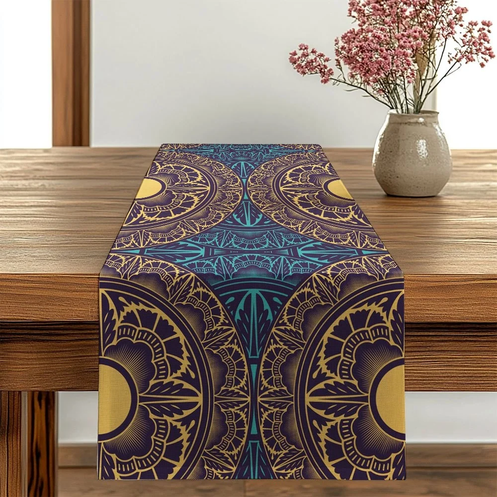 1 Stück Tischläufer mit Türkisblau und goldenem Mandala-Aufdruck – Esstischdekoration, Tischläufer mit Baum des Lebens