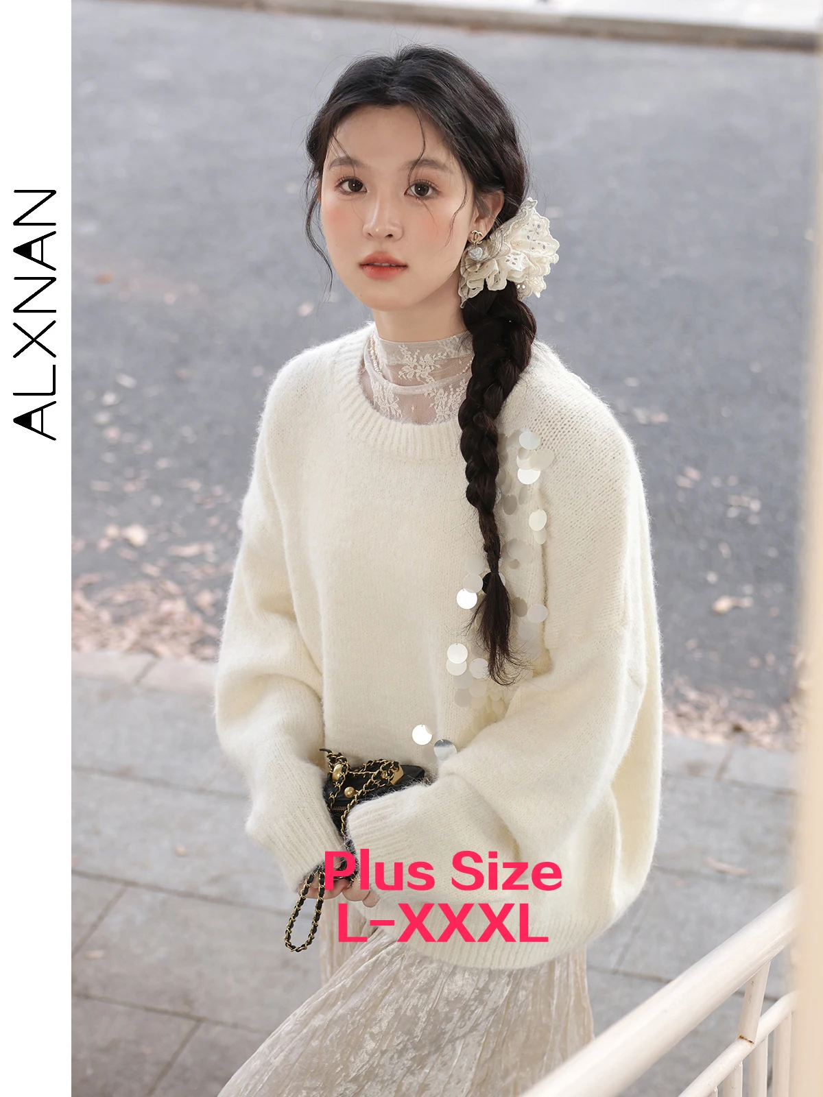 ALXNAN Plus Size Women's Winter Sweater 2024 Trend Loose Sequin Design Soft Knit Pullovers Temperament Long Sleeve Top D08912