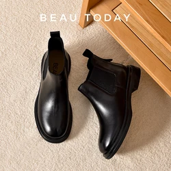 BeauToday Boots Women Genuine Calfskin Chelsea Booties Round Toe Elastic Band Vintage Ladies Shoes Handmade 05015