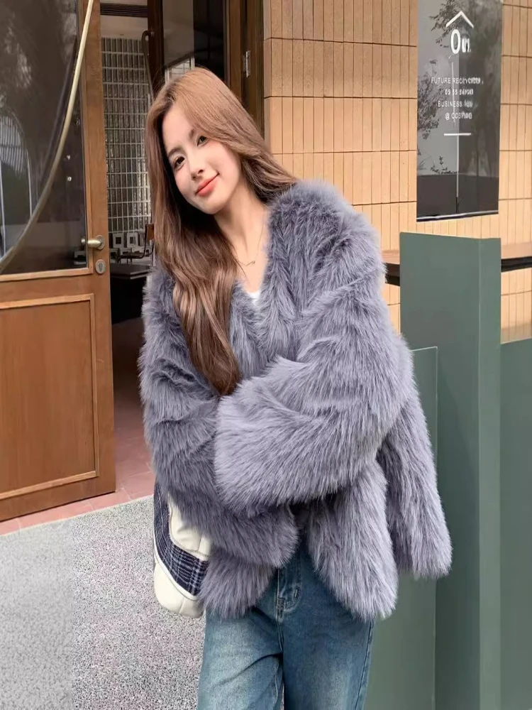 معاطف نسائية من الفرو الصناعي سترات بياقة على شكل V وأكمام طويلة معطف سميك Y2k ملابس الشارع الشهير سترة أنيقة للعمل غير رسمية فضفاضة للخريف والشتاء