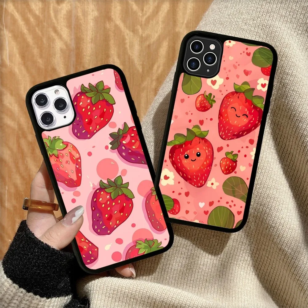 

Summer Strawberry Flowers Print Phone Case Silicone PC+TPU For For IPhone 11 12 13 14 15 16 Plus Pro Max Cover
