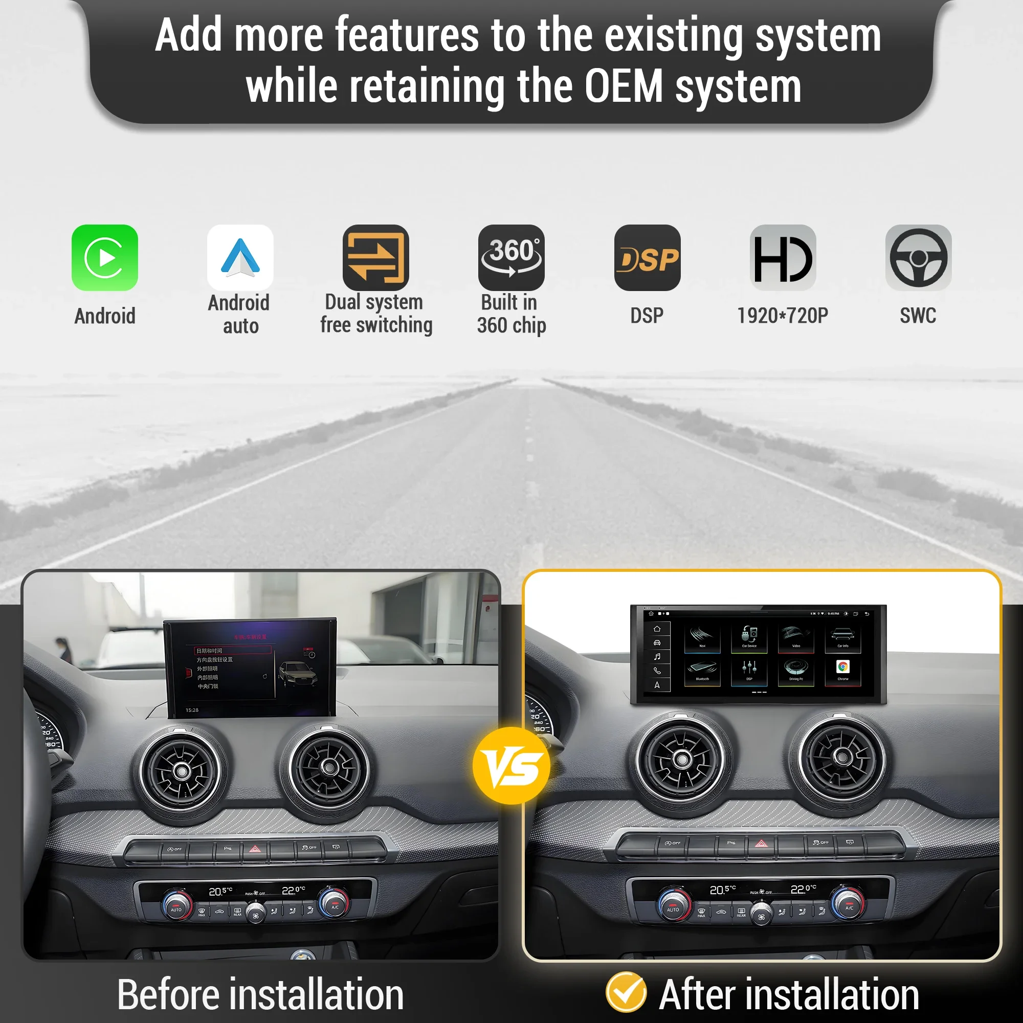

10.25 inch Android 14 For Car Radio Wireless Bluetooth Carplay Qualcomm Snapdragon 680 Head Unit Touch Screen Audi Q2 2016-2023