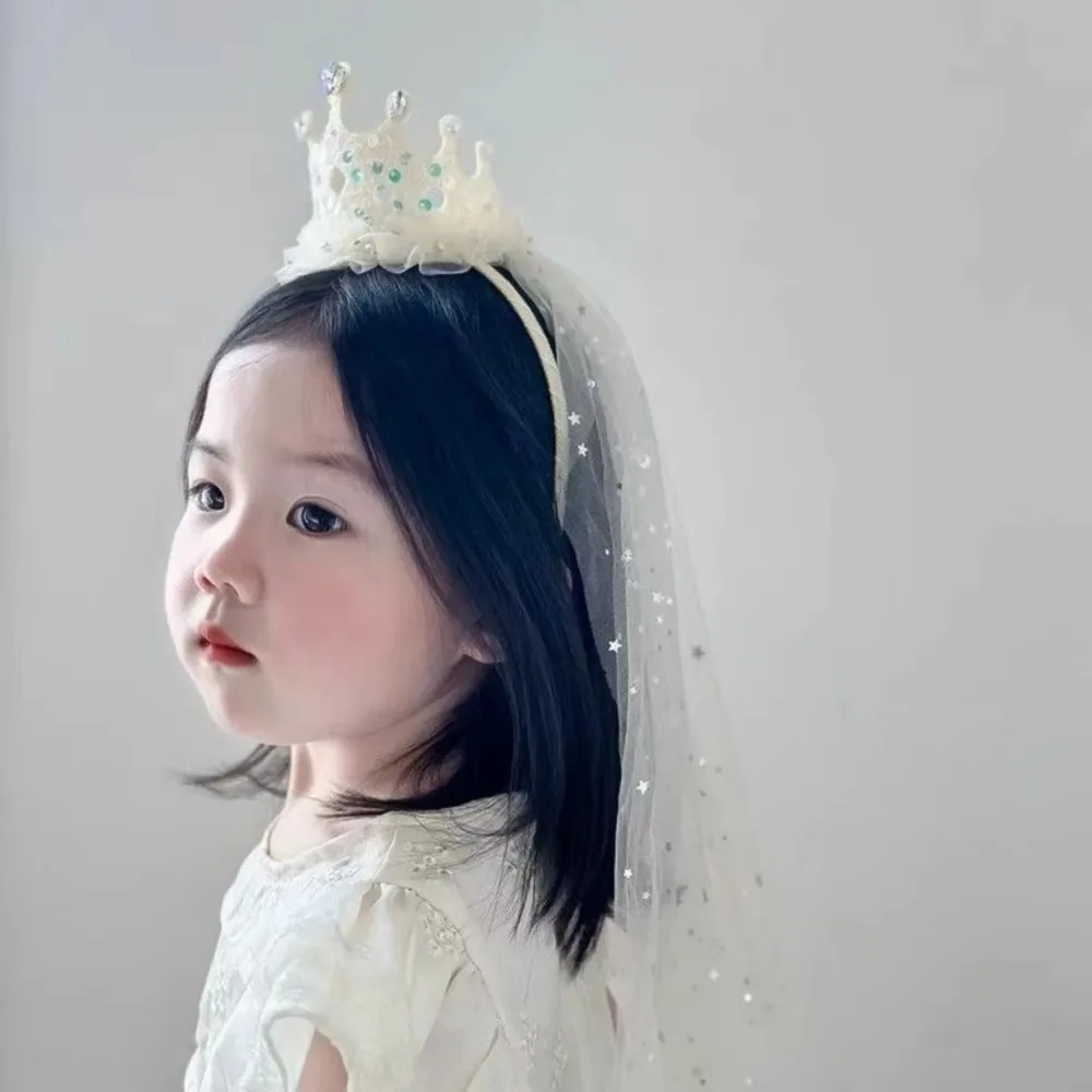 1PC Pink/White Sequin Princess Crown Veil Headband Sparkly Tulle Hair Accessory for Cute Girl's Party Dress up image 4