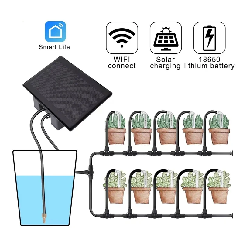 

Solar Automatic Watering System Mobile Phone Remote Control Wifi Smart Timing Watering 10 Heads Drip Irrigation Kit for Potted