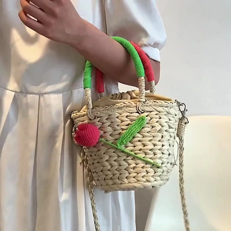 

New Bohemian Summer Straw Female Crossbody Bag Fashion Tulip Knit Handbag Designer Bucket Women's Shoulder Bag Shopper Purse