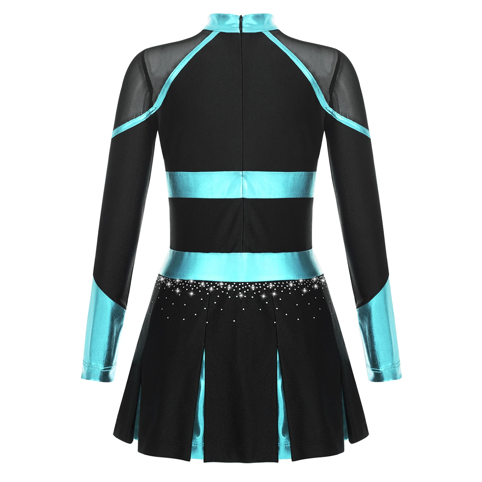 Girls Cheerleading Cheerleader Outfit School Cheer Dress Glittery Rhinestones Metallic Patchwork Long Sleeve Pleated Dress