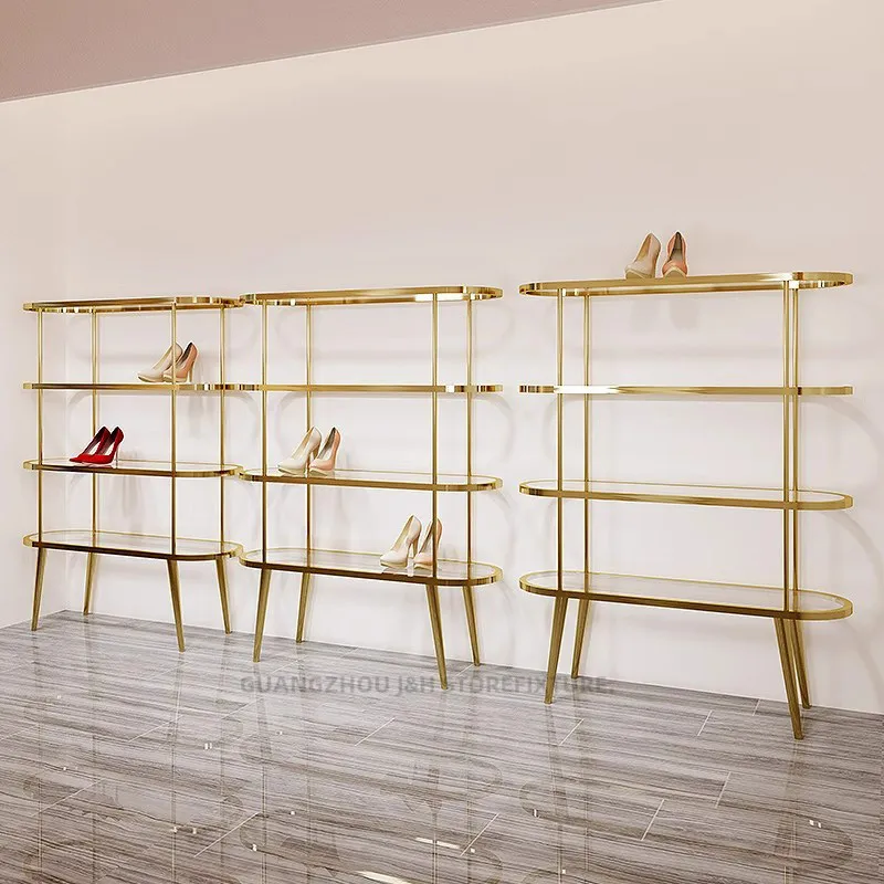 Rak Sepatu Akrilik Furnitur Komersial Rak Toko Sepatu Rak Display Rak Lantai Tas Tangan Cermin Emas Stainless Steel