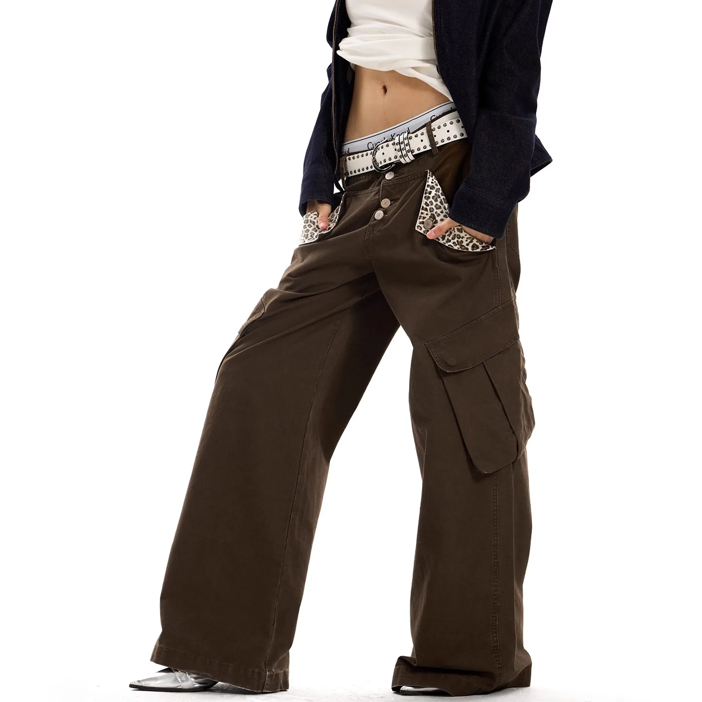 American Retro Pocket Leopard Patch Work Jeans Women Y2K Fashion Street Clothing Harajuku Loose Casual High Waist Wide-leg Pants