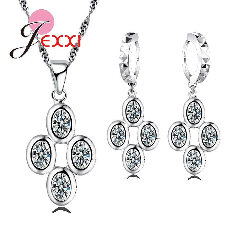 

Best Quality 925 Sterling Silver Jewelry Sets Four CZ Crystal Necklace Earring Set For Women Party Jewelry Fast Shipping