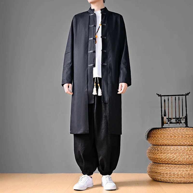 Autumn Chinese Style Mens Trench Coat Men Mid-Length Cotton Robe Male Stand Collar Frog Button Casual Outerwear Hanfu Cardigan