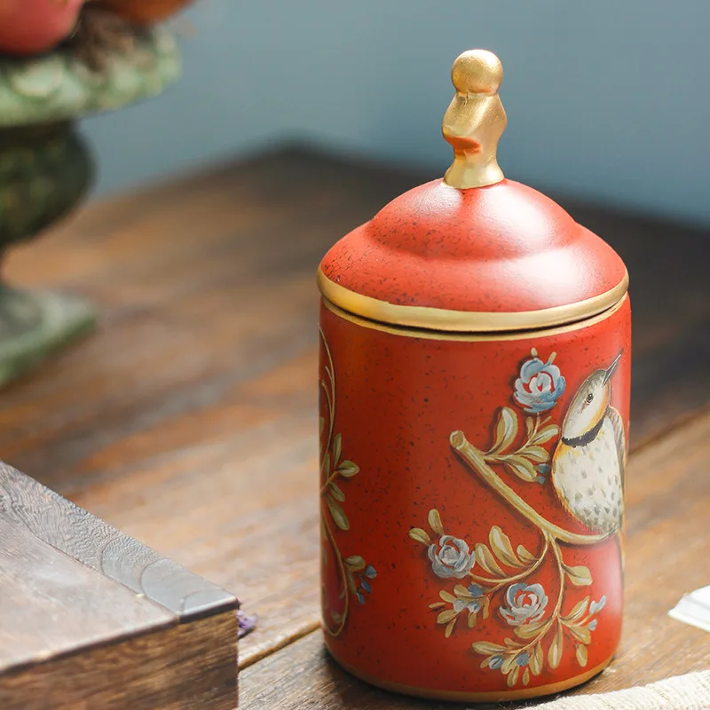 Vintage Ceramic Kitchen Canister Jars Storage Bottles Retro Tea Candy Tin Sugar Pot Pastoral Bird Printing Painted Storage Cans