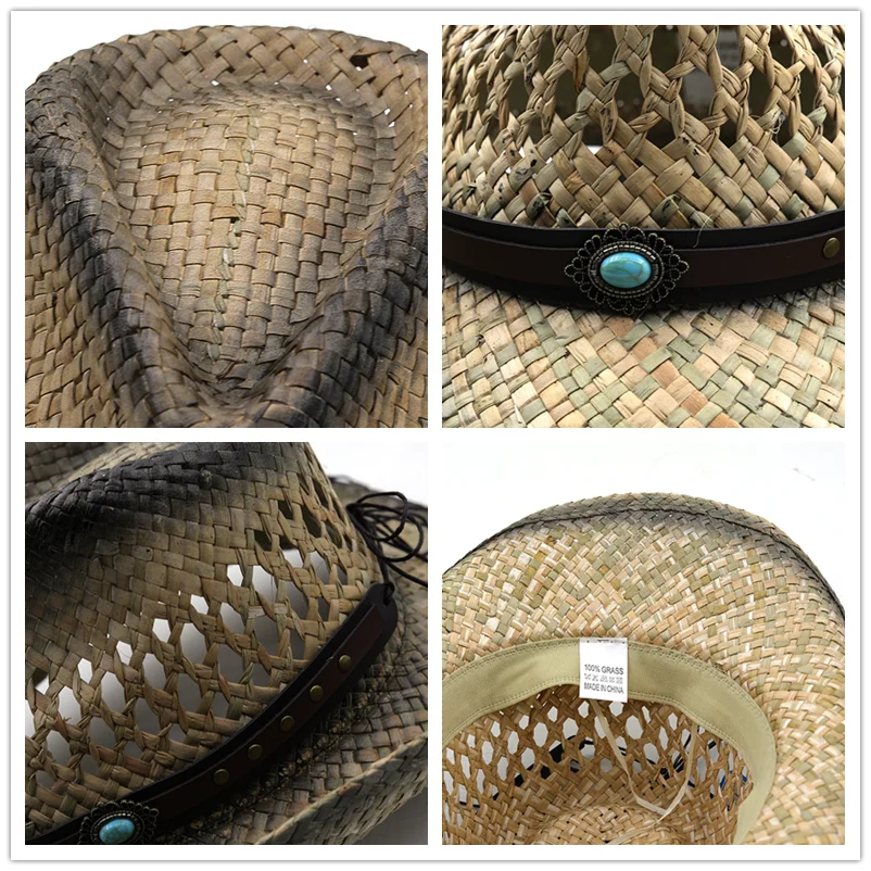 2022 New Men Beach Hat Cowboy Women 100% natural Straw Panama Hat Belt Cow Decorate Wide Brimmed Hats For Summer Khaki Male Hat