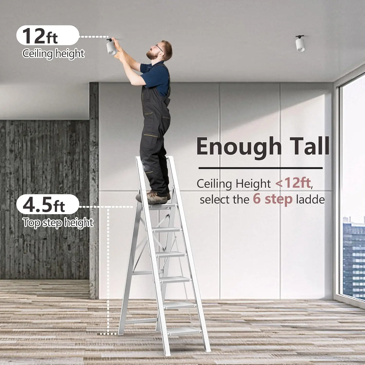 6 Step Ladder for 12 Feet High Ceiling, Lightweight Aluminum Folding Step Stool with Convenient Handgrip, Stepladders