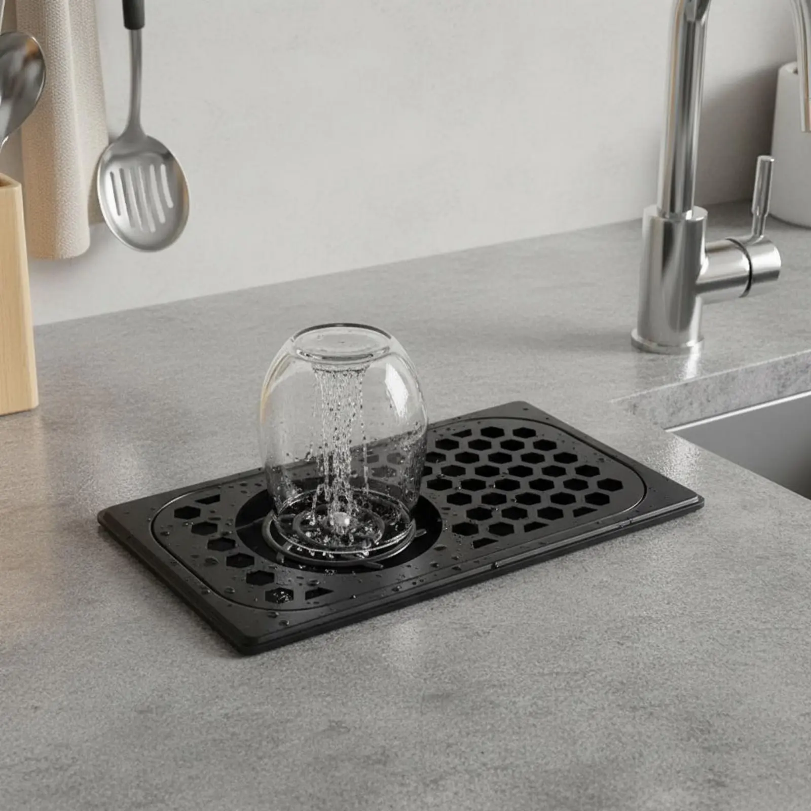 Built-in Glass Rinser Quick Rinse Automatic Glass Washer Bar Tool Single-Handed Activation Kitchen Fixture Draining Tray