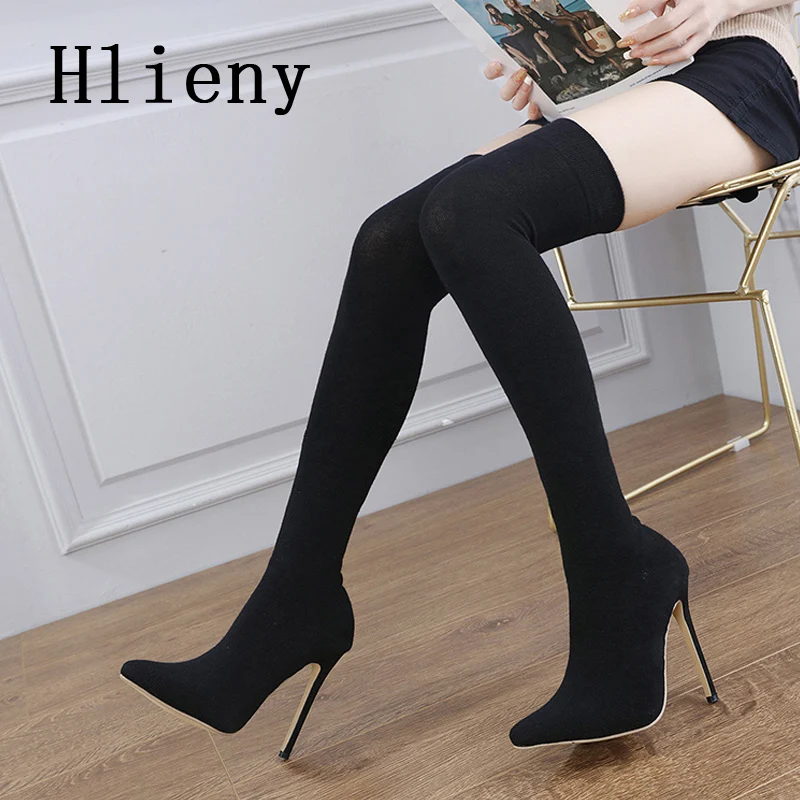 Hlieny Autumn Winter New Fashion Knitting Stretch Fabric Sock Boots Women Pointed Toe Slip-On Over-the-Knee Shoes Thin High Heel