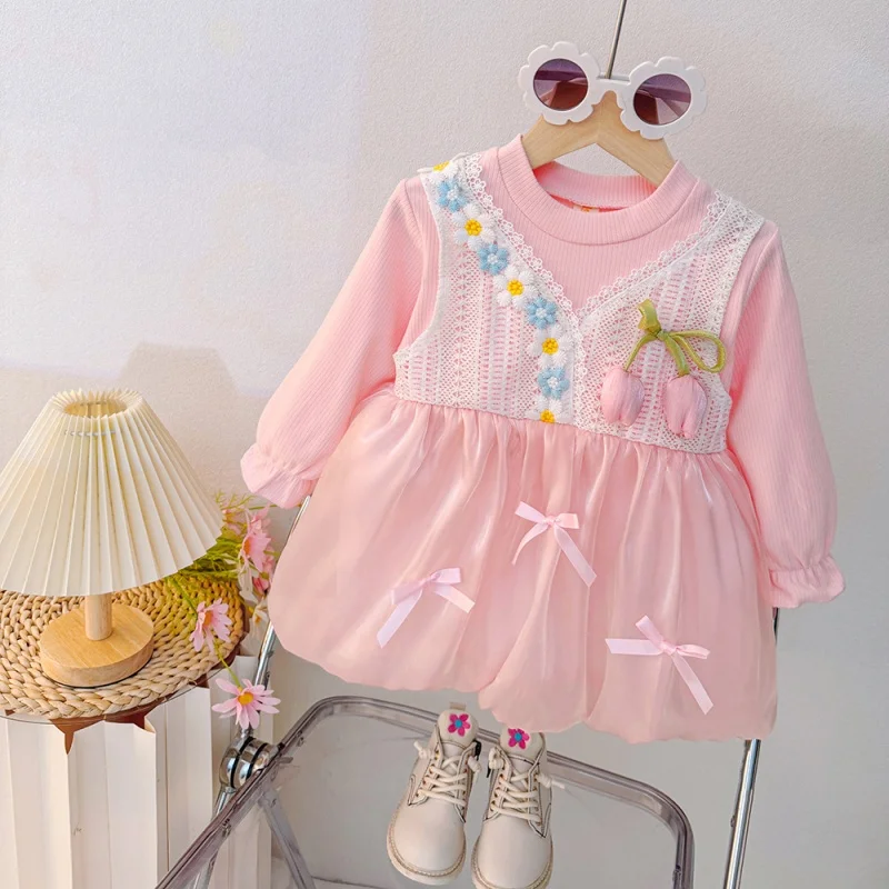 

Baby Girl Dress Autumn/Winter Cotton Solid Color Bow Tulip Long Sleeved Girl Dress Sweet And Cute Princess Dress Baby Clothing