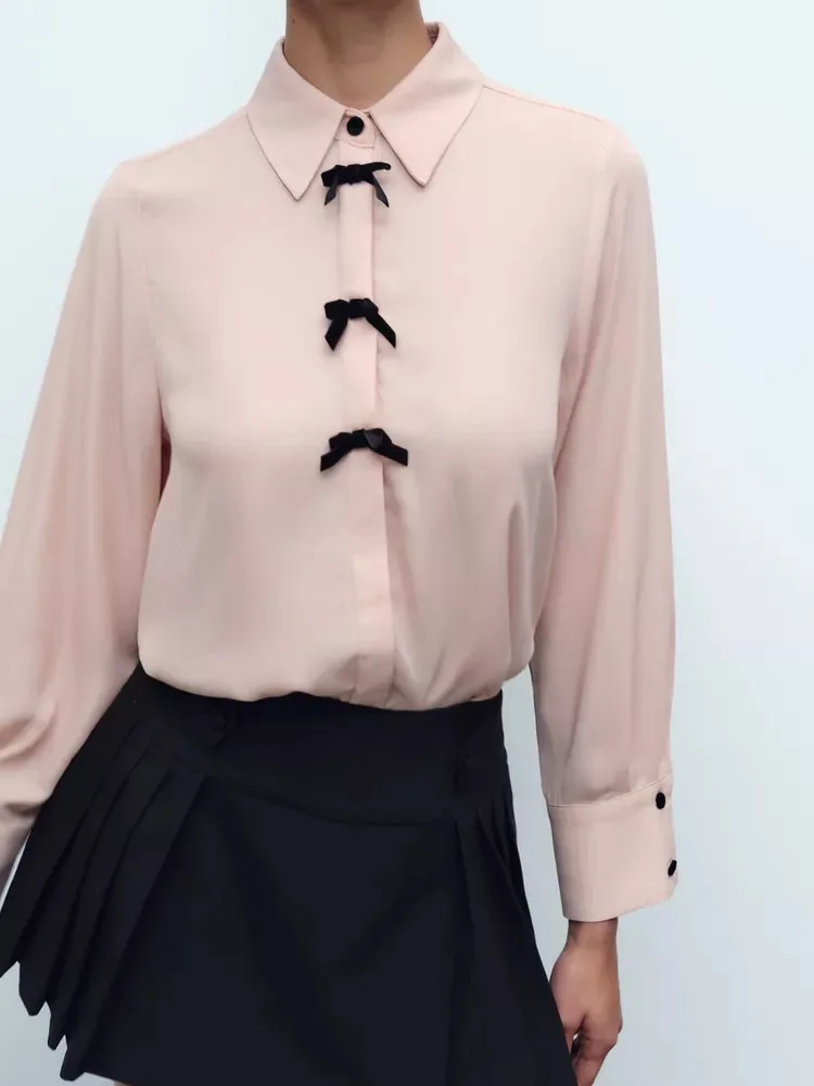 

New Arrival Autumn Women's Casual Comfortable Velvet irt Long Sve Collar with Knot 9757 Commute Sle