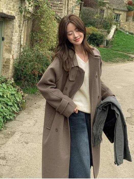 

Winter Long Woolen Coat Double Breasted Collar Women's Sle Retro Briti Faion Trendy Outerwear Thiened Commute Loose Fit