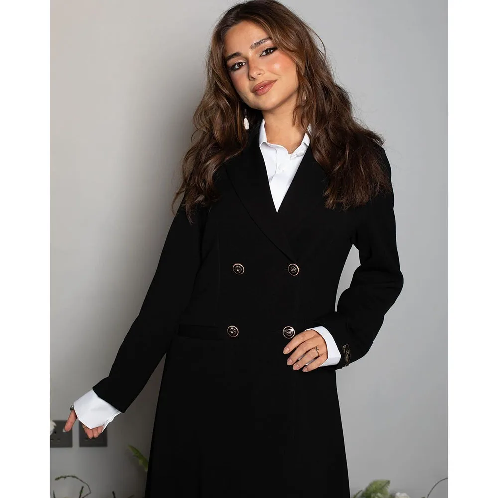 2024 High Quality Black Peaked Lapel Elegant Women Suits Double Breasted Designer Long Blazer 1 Piece Luxury Female Outfits Set