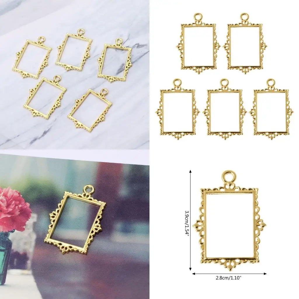 

J78F 5x Hollow Album Frame Pendant Open Bezel Setting for DIY Bracelet Jewelry Making