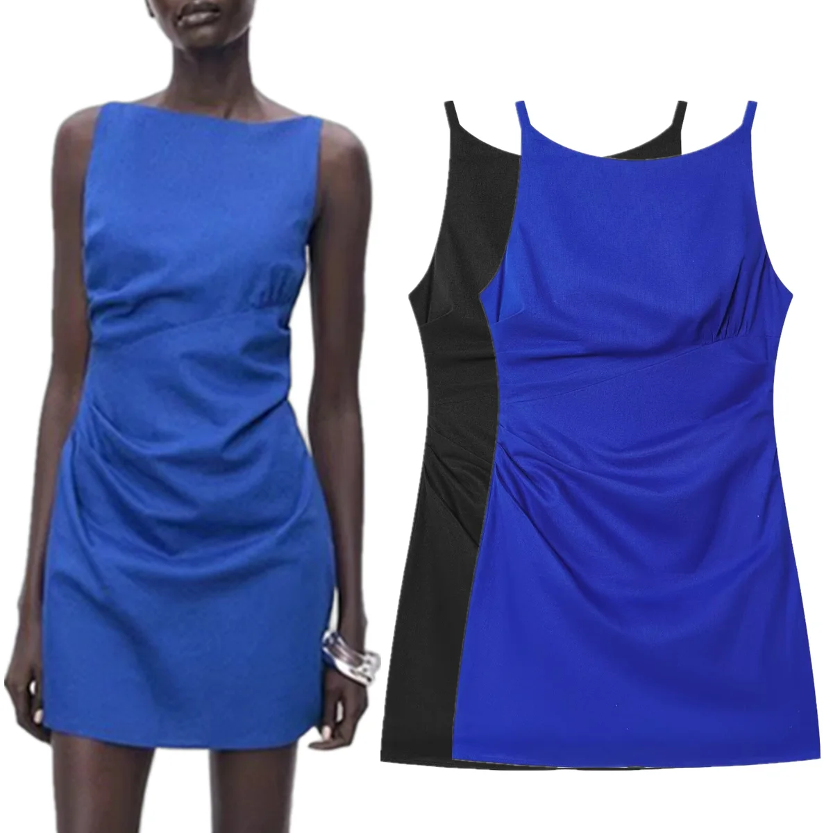 

Maxdutti Summer Minimalist Blue Suspender Dress Sexy Backless Beach Vacation Casual Mini Dress For Women Vestidos