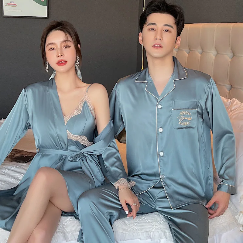 

Spring Sexy Ice Silk Women's Robe Nightdress Set Man Long Sleeve Shirt Pants 2pcs Sleepwear Couple Wedding Pajamas