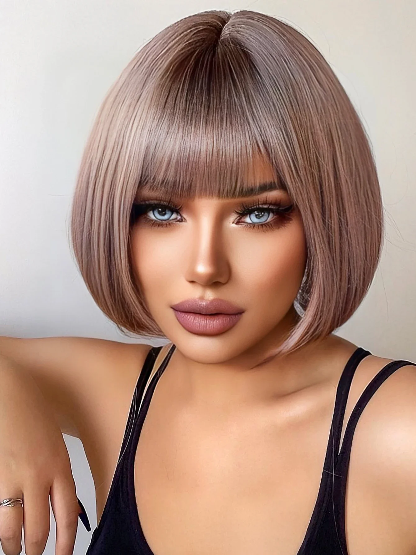 12Inch Ashy Lilac Color Synthetic Wigs With Bang Short Natural Straight Hair Wig For Women Daily Use Cosplay Heat Resistant