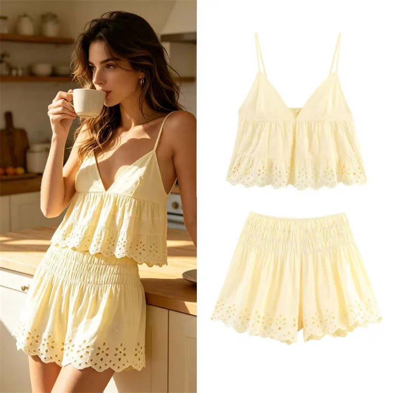 

Women's Suit 2026 Summer New Yellow Strappy Embroidered Loose Top and Shorts Set Sexy Fashion Casual Personality