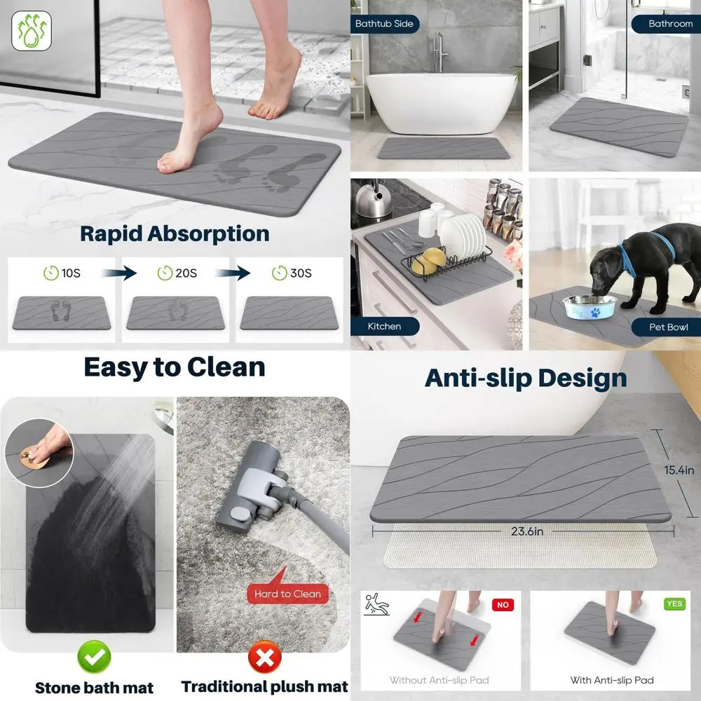 

Non-Slip Diatomaceous Earth Bath Mat - Super Absorbent Stone Bath Mat in Dark Grey