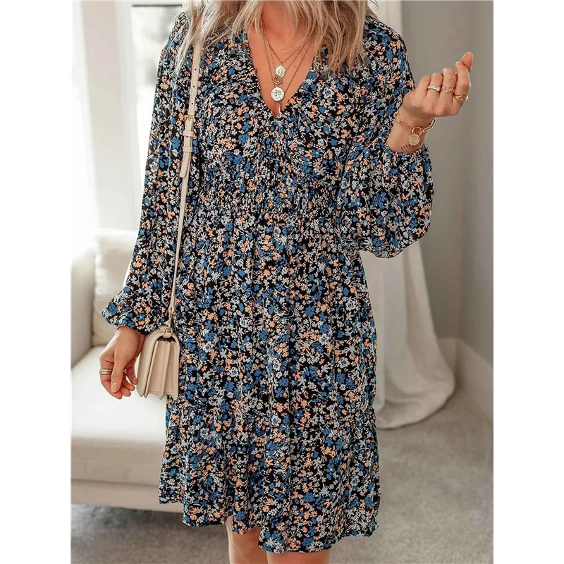FX-Fall Dresses For Women Boho Floral V Neck Long Sleeve Smocked Elastic Waist Casual A-Line Mini Dress Sundress