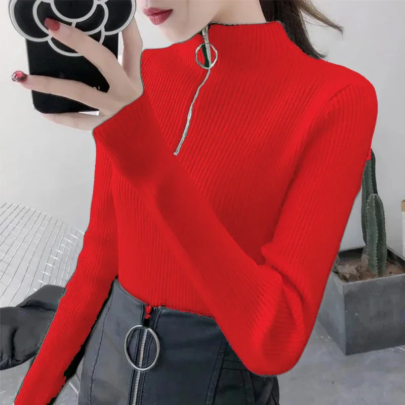 

Autumn Winter Knitted Women Zipper Half High Neck Sweater Pullovers Basic Women Sweaters Slim Solid Knitwear Pull Femme Tops