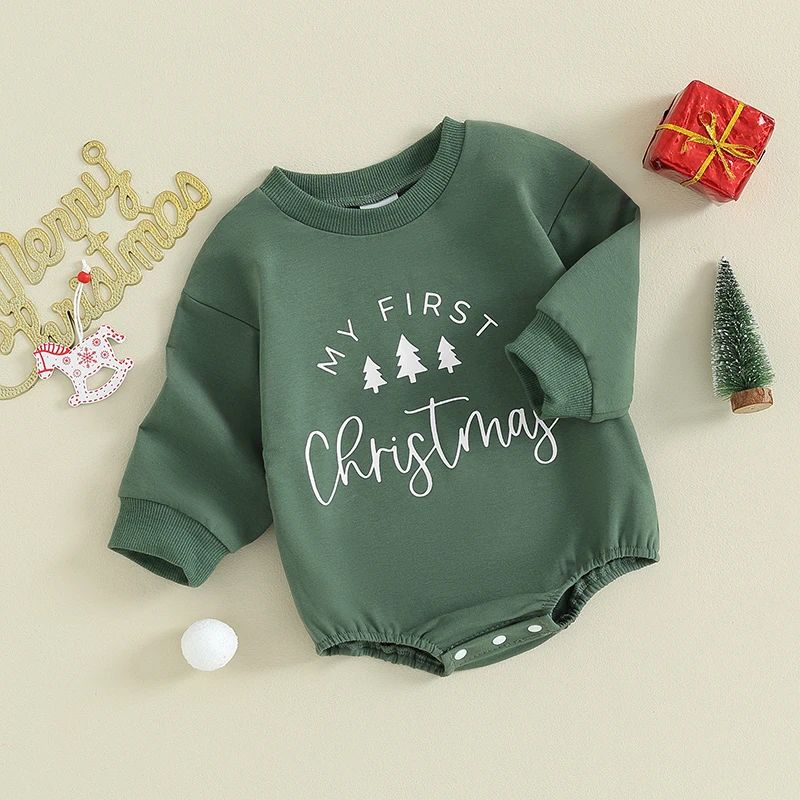 Baby Kids Christmas Romper Cute Tree/Star Letter Print Long Sleeve Sweatshirt Bodysuit Newborn Winter Cute Xmas Playsuit