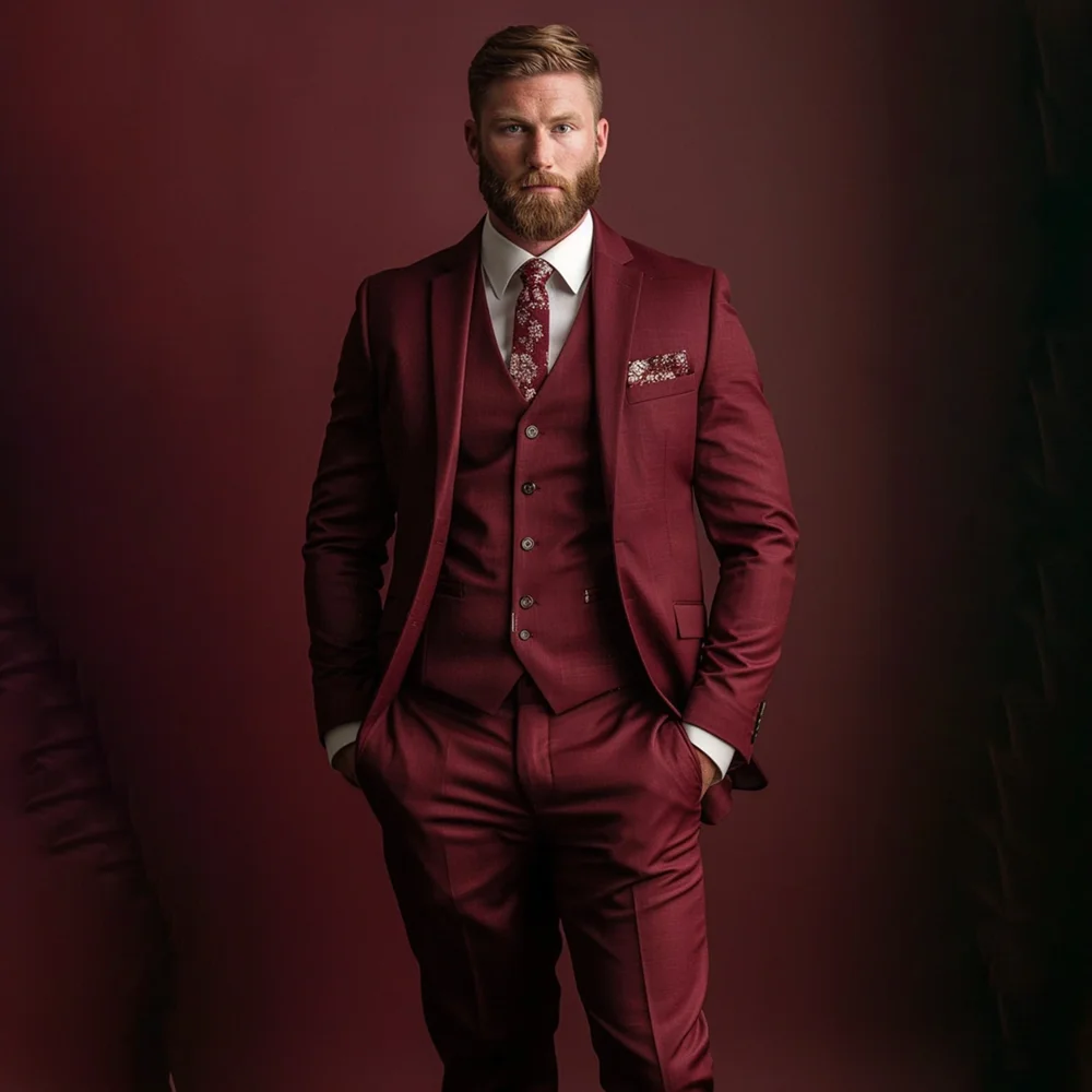 

Men Suits Burgundy Fashion Notch Lapel Single Breasted Male Suit Slim 3 Piece Business Casual Office Wedding Party Tuxedo