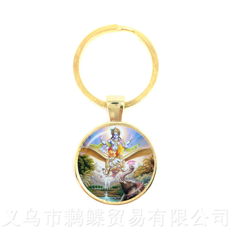 New Fashion Glass Time Gem Keychain 25mm Ganesha Buddha Elephant Pendants DIY Men Jewelry Car Key Holder Souvenir For Gift