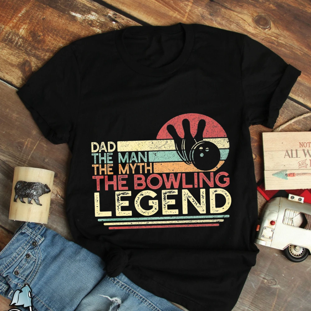 Dad The Man The Myth Bowling Legend Retro Print T Shirt Men Cotton Short Sleeve Tee Bowler Enthusiast Casual Sports Gift Apparel