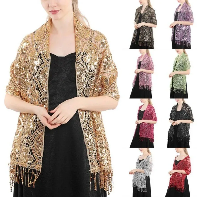 

1 шт. Ажурная кружевная шаль с пайетками, свадебная, женская, роскошная, для вечеринок, блестящая, с бахромой, для танцев и клубов