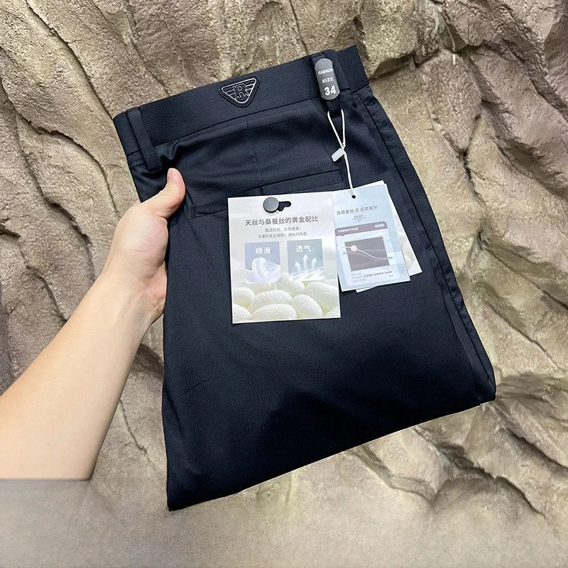 

Busin повседневные летние тонкие дышащие мужские брюки из смеси шелка, удобные драпированные прямые длинные брюки для повседневной носки