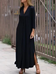 2024 Autumn Women Long Dress Black V-neck Long Sleeve Loose Dresses Female Casual Fashion Loose Clothes Elegant Side Split Dress