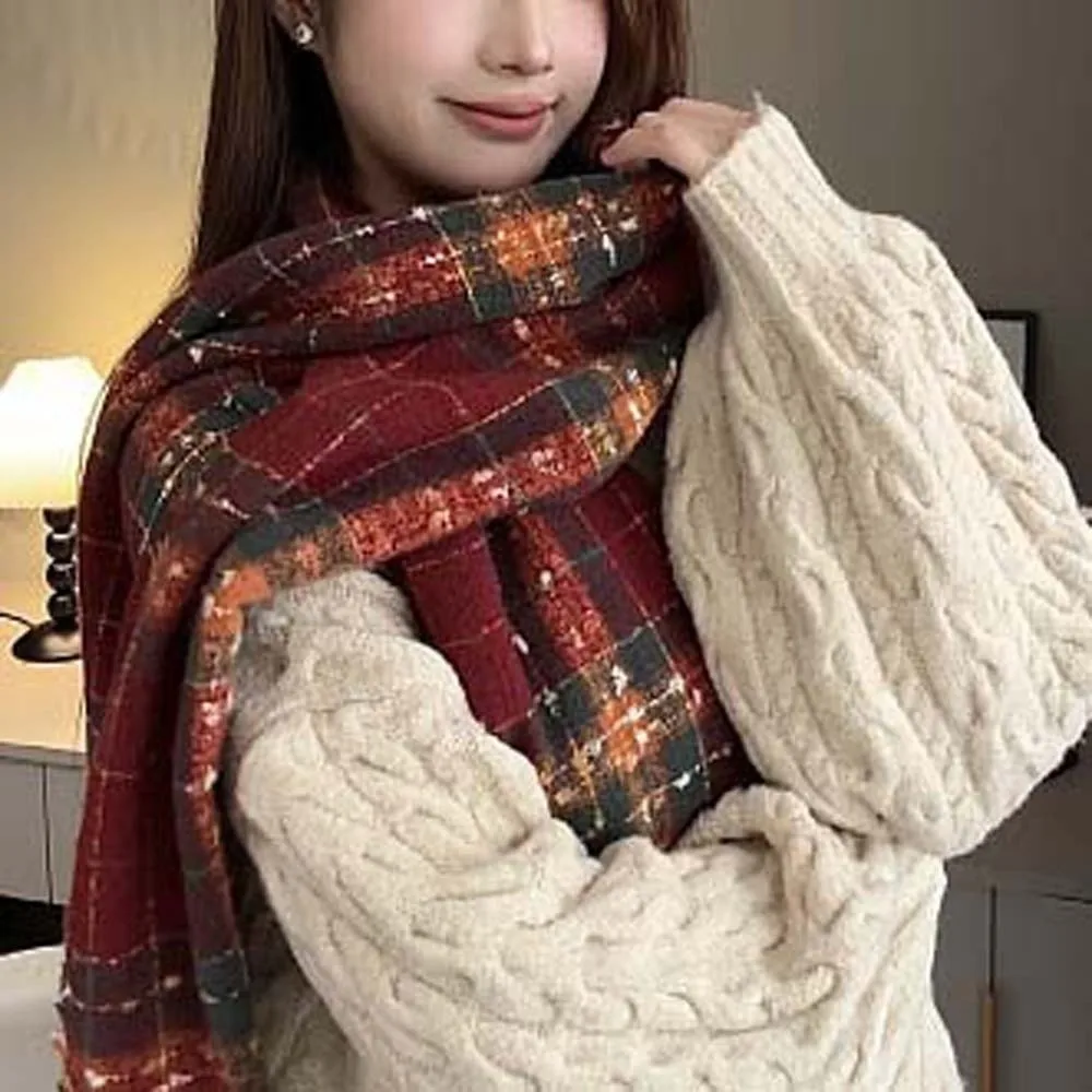 

Shawl Soft Plaid Knitted Scarf Cold-proof Korean Style Long Tassel Neckscarf Polyester Classic Women Thickened Scarf Men