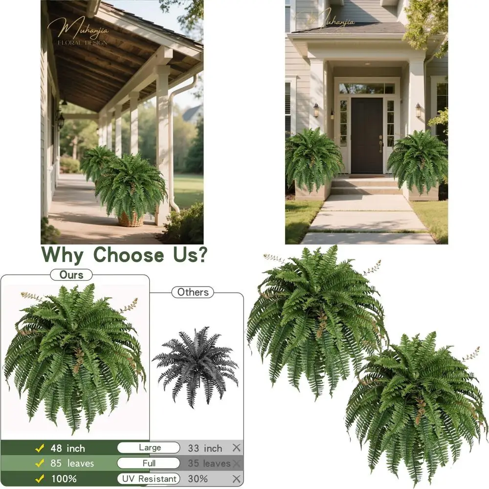 

Lifelike 48 Large Silky Faux Fern Hanging Plant for Indoor & Outdoor Home Decor, 85 Branches, 2 Pieces Set
