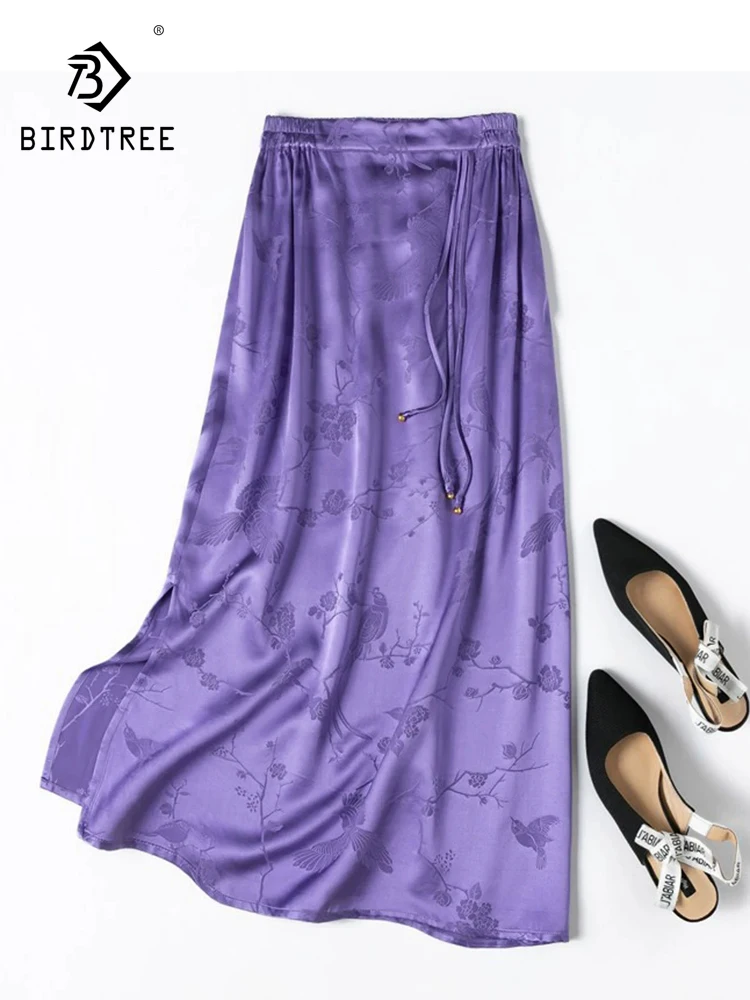 BirdTree-100%Real Silk Elegant Skirts, Elastic Waist Jacquard, Women New Chinese Style Chic Straight Skirt, 2026 Summer B66993CC