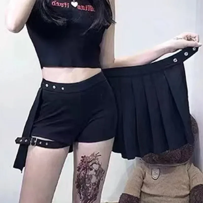 Falda cibernética gótica oscura Emo Alt Y2k para mujer, ropa de calle Harajuku Grunge Punk, ropa para discoteca, anillo para pierna, pantalones cortos calados de retales, 2024