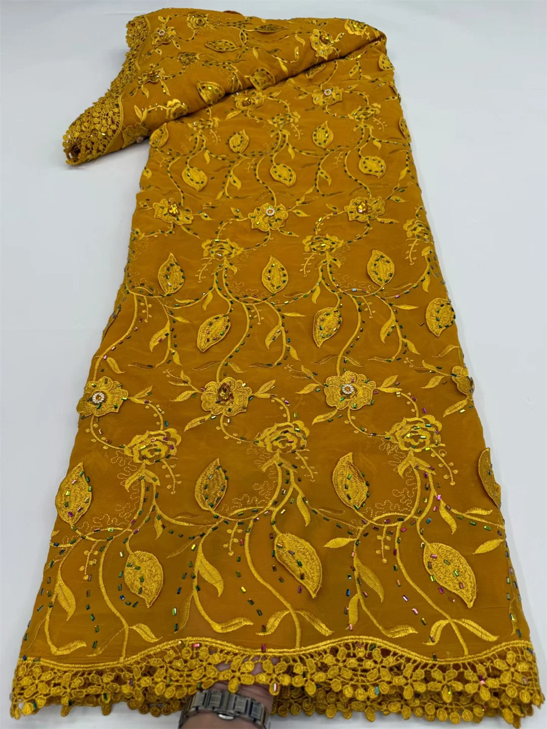 

2025 Высококачественная африканская нигерийская хлопковая кружевная ткань с блестками и вышивкой, тюль для свадебного платья, шифон, 5 ярдов