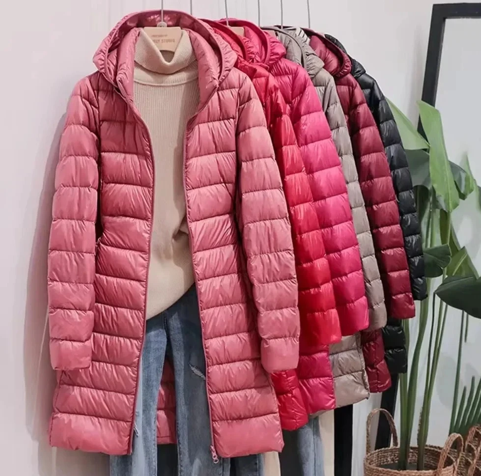 Chaqueta acolchada de invierno ajustada para mujer, Parka, abrigo largo ligero y fino a la moda con capucha, ropa de abrigo cálida desmontable, impermeable, estilo callejero